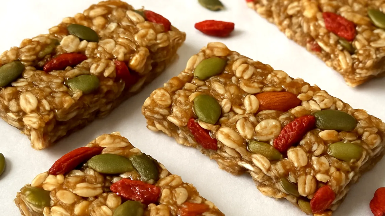 Barrette energetiche fatte in casa con avena, semi di zucca, mandorle e bacche di goji"