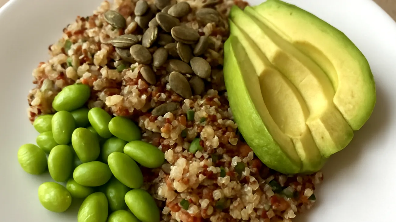 Insalata di quinoa con edamame, semi di zucca e avocado"