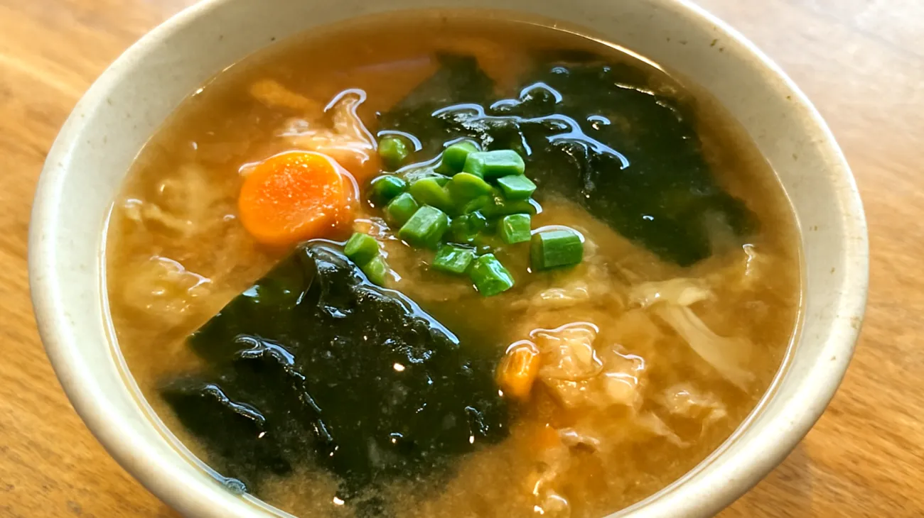 Zuppa di miso con verdure fermentate e alghe wakame"